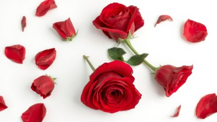 Three lush red roses and scattered petals arranged artfully on a pristine white background creating a romantic and elegant floral composition.