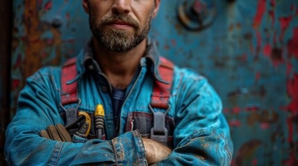 Obraz premium Skilled worker in worn overalls standing against a distressed metal door