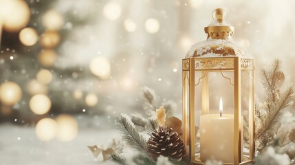 Elegant Gold Lantern with Candle and Pine Decor in Soft Glow