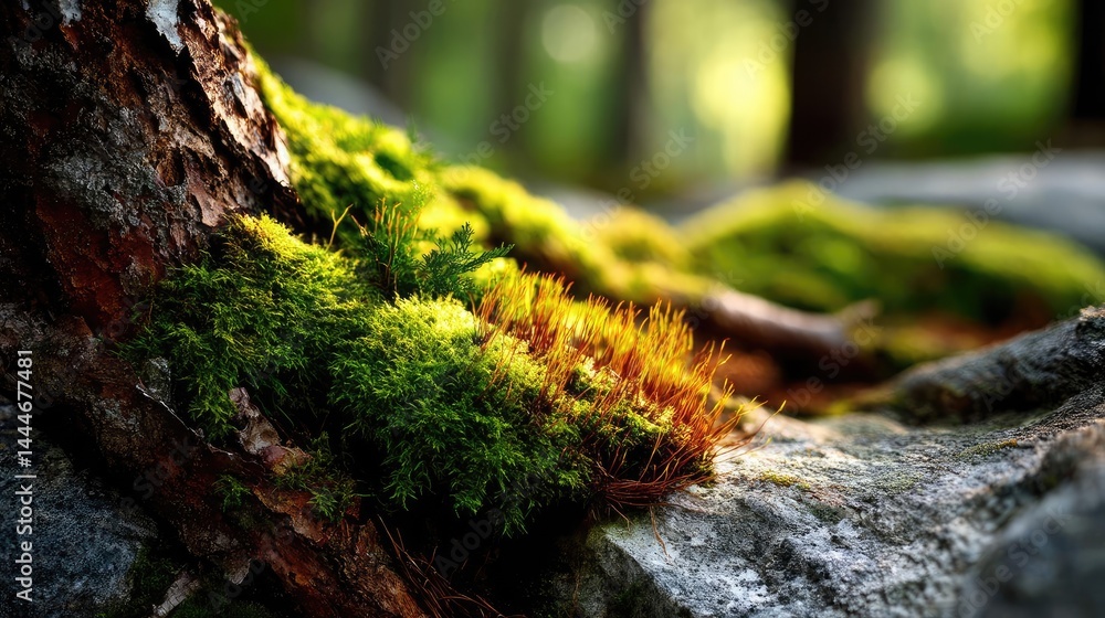 Poster green moss under forest light with peaceful mood concept. close-up of vibrant moss on rocks in a ser