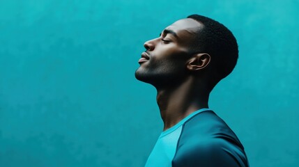 Man Catching Breath After Run in Profile Against Turquoise Background