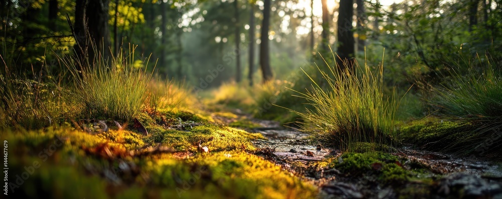 Poster green moss between grass and forest with relax mood concept. serene forest scene with sunlight illum