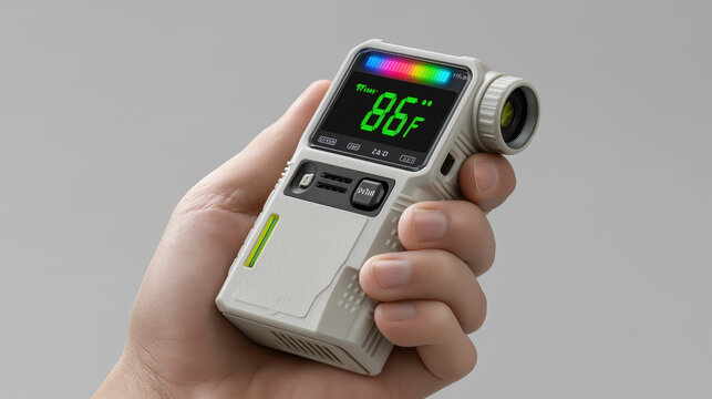 Advanced infrared thermogun pistol featuring green sensor lens, digital ammo-style readout, white body, black textured grip, held in hand, sci-fi medical concept