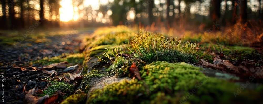 Poster green moss between grass and forest with relax mood concept. sunlight filters through trees, illumin