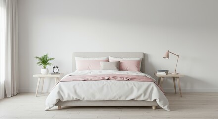 A bright and airy bedroom featuring a bed with pink accents and simple bedside tables and decor items
