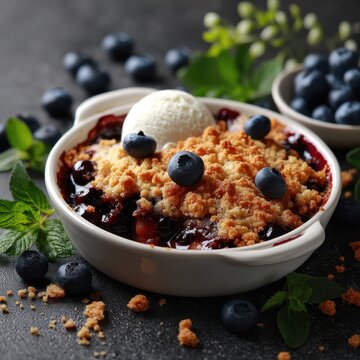 Sweet blueberry crumble dessert in a small dish.