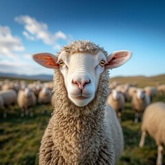 Fototapeta premium Curious Sheep on a Countryside Farm with Peaceful Background