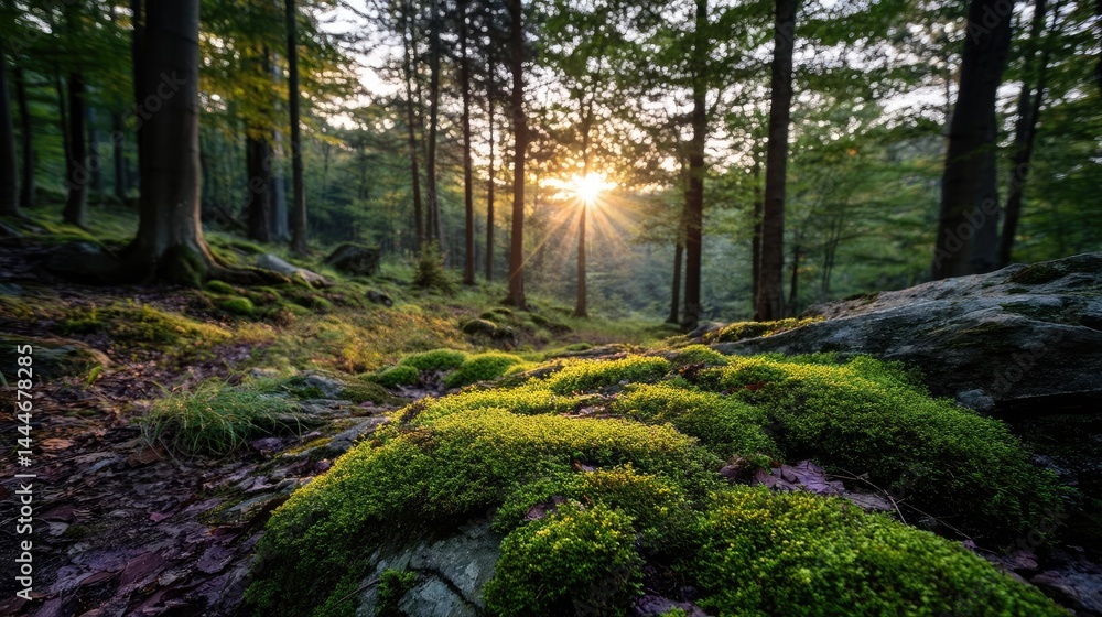 Poster green moss under forest light with peaceful mood concept. serene forest landscape with sunlight filt