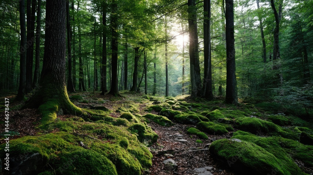 Poster green moss under forest light with peaceful mood concept. sunlight filters through lush trees in a s