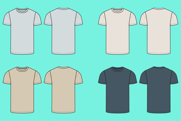 Mens crew neck short sleeve t-shirt colour way bundle set fashion flat sketch template outline CAD mockup.