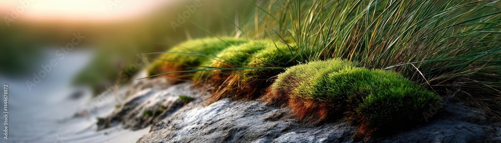 Aufkleber green moss between grass and forest with relax mood concept. lush green moss on a rocky terrain with