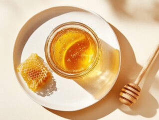 Ultra realistic top down view of honey in glass jar with honeycomb on plate