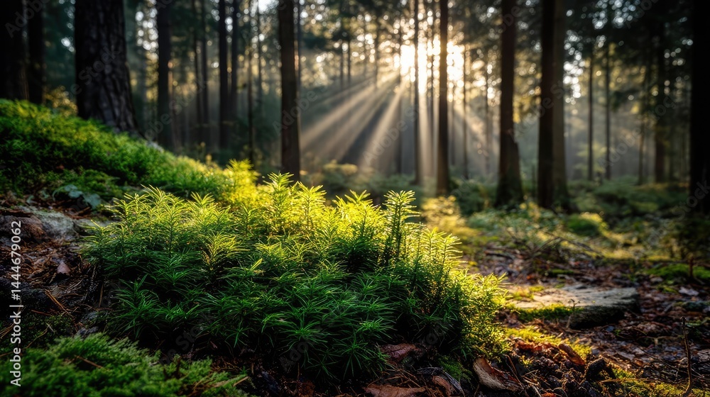 Poster green moss under forest light with peaceful mood concept. a serene forest scene with sunlight filter