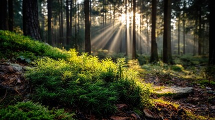 Obraz premium Green moss under forest light with peaceful mood concept. A serene forest scene with sunlight filtering through trees.