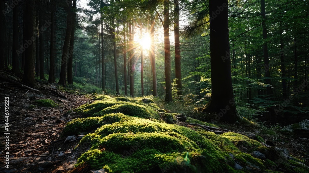 Poster green moss under forest light with peaceful mood concept. serene forest scene with sunlight filterin