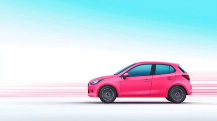 Obraz premium Flat Design of a Pink Car in Motion Against a Gradient Blue Background