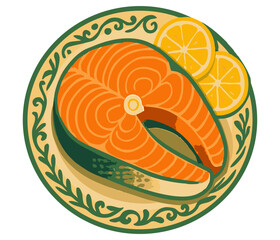 Grilled salmon steak. Top view fish steak with lemon pieces.  Restaurant food.