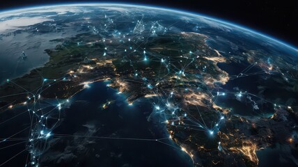 Aerial view of earth at night with interconnected glowing network lines over europe and north africa