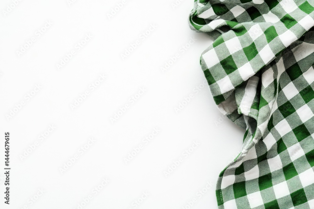 Aufkleber green and white checkered tablecloth draped on a white surface the fabric drapes in soft folds along