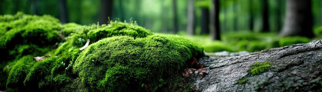 Green moss under forest light with peaceful mood concept. Lush green moss covering a log in a tranquil forest setting.