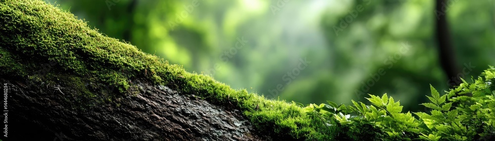 Poster green moss under forest light with peaceful mood concept. lush green moss growing on a tree trunk in