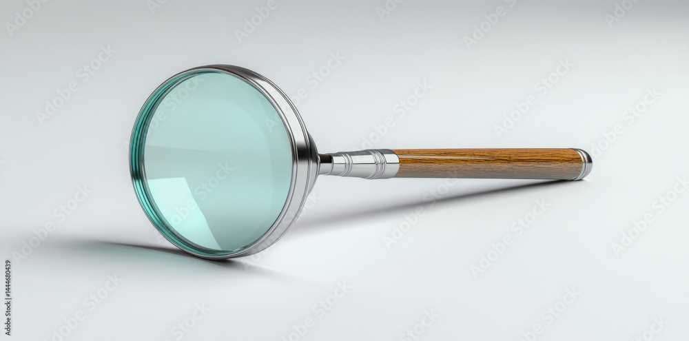 Poster a magnifying glass is positioned on a smooth surface, highlighting its reflections, subtle details, 