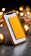 A smartphone with a payment app, placed on a glass surface with reflective light effects, elegant.
