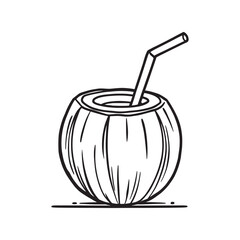 coconut with straw ready for drinking line art illustration