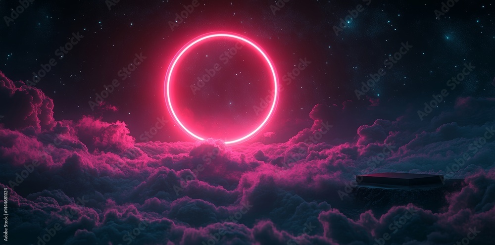 Aufkleber an ethereal atmosphere is created at a night event by a neon circle that forms amidst clouds in dark
