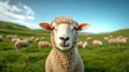 Fototapeta premium Curious Sheep on a Countryside Farm with Peaceful Background