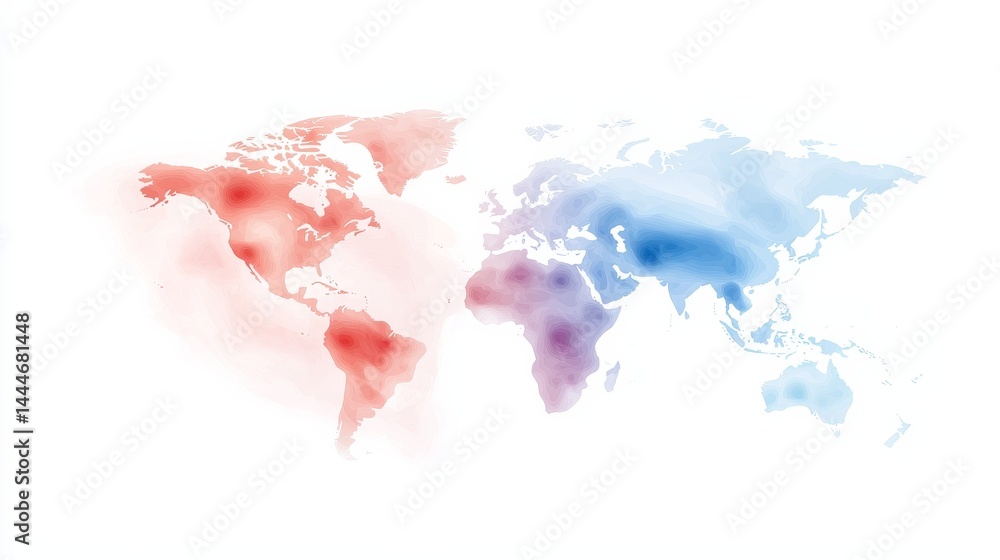 Poster watercolor world map in soft red and blue tones representing global diversity and connection