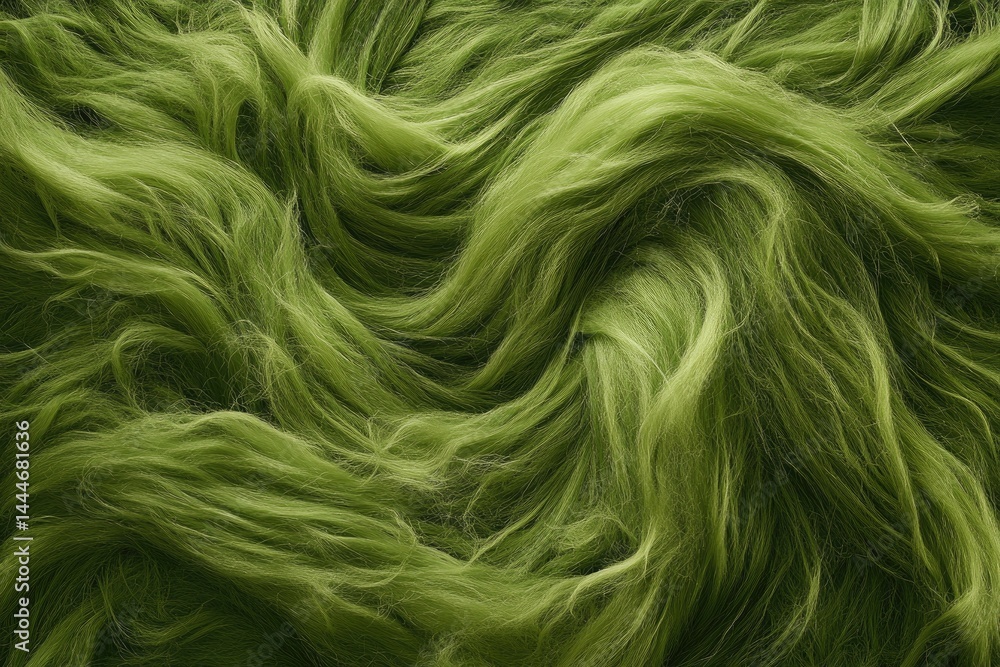 Poster textured, flowing green fur-like material intricate, wavy patterns