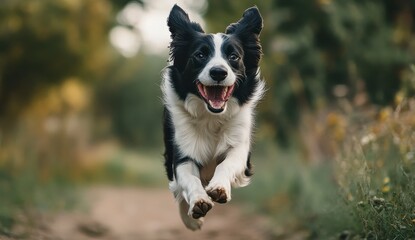 Fototapeta premium Happy Black And White Border Collie Dog Leaping Joyfully On Nature Trail