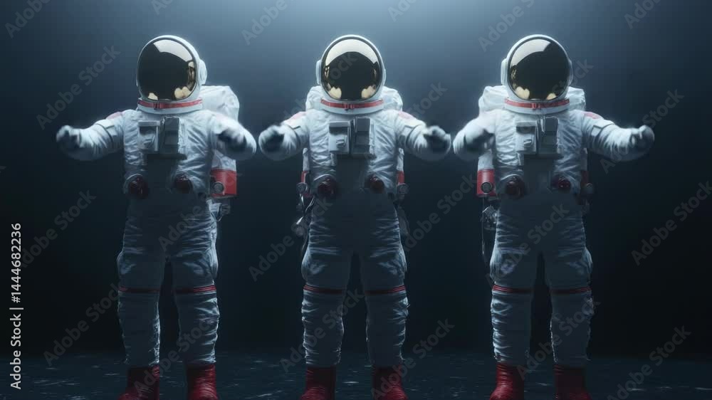 Poster three astronauts posing side by side, possibly after a space mission or during training exercises