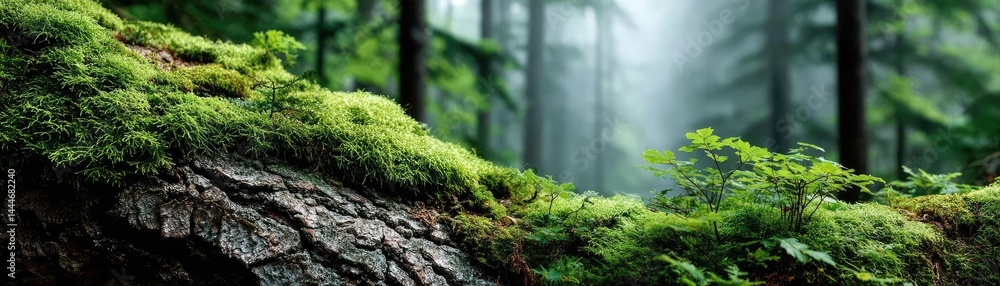 Aufkleber green moss between grass and forest with relax mood concept. lush green forest with vibrant moss-cov