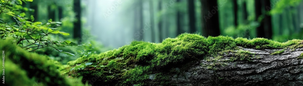 Poster Green moss between grass and forest with relax mood concept. Lush green forest scene with moss-covered log and soft light.