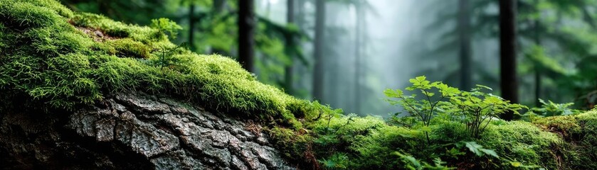 Green moss between grass and forest with relax mood concept. Lush green forest with vibrant moss-covered logs and soft light.