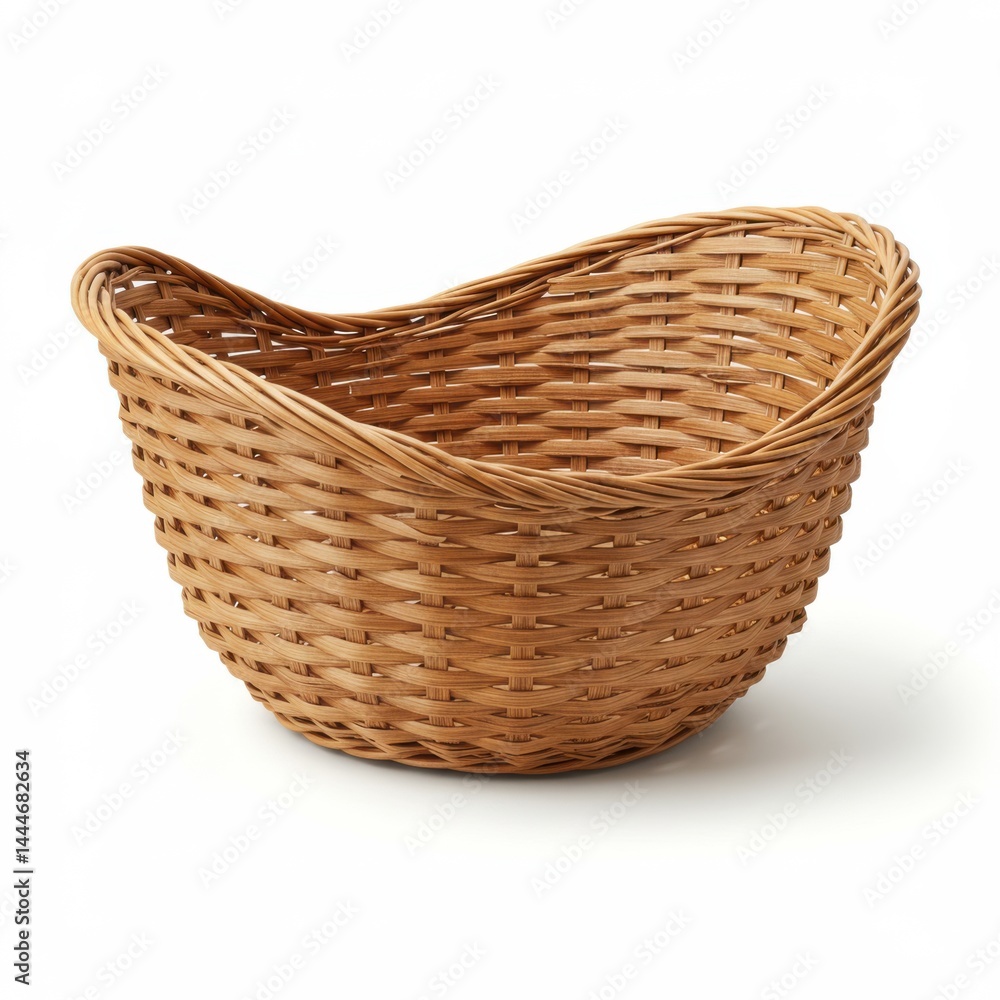 Poster a woven wicker basket with a curved rim sitting on a white surface in a studio setting view