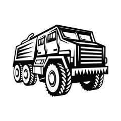Bold Black and White Armored Truck Silhouette with Rugged Design Elements on White