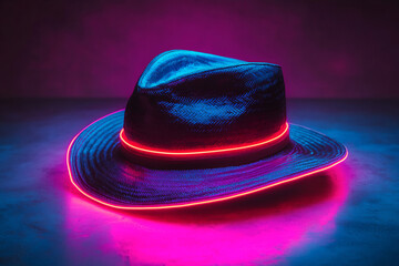 electric colors of a traditional latin american hat (panama hat), elegant neon outlines
