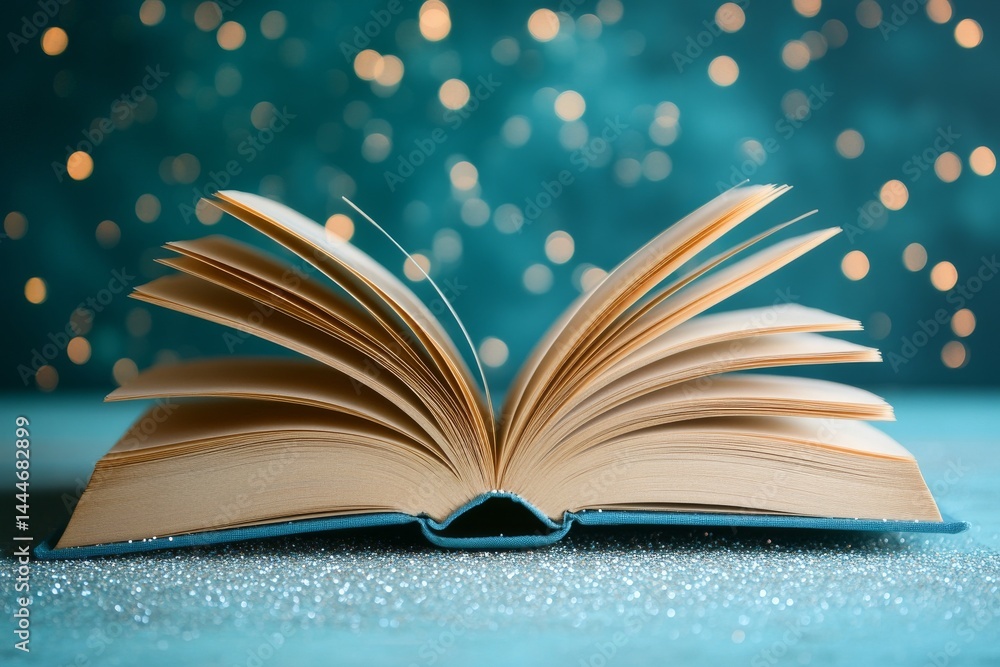 Poster daylight illuminates a minimalist setting where an open book artistically releases sparkles
