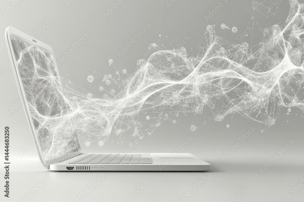 Poster a laptop in a minimalist studio setting displays creative technology design with light and particles