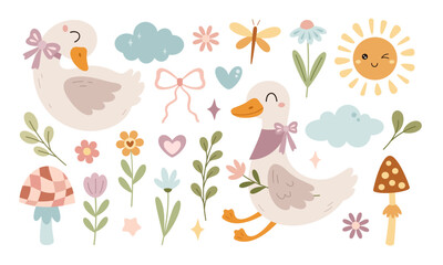 Set with silly goose, flowers, butterfly, mushroom, sun, cloud. Silly goose on the loose. Spring, summer hand drawn vector illustration in flat style.