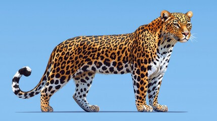 A detailed illustration of a large spotted cat standing against a light blue background.  Its fur is vividly depicted