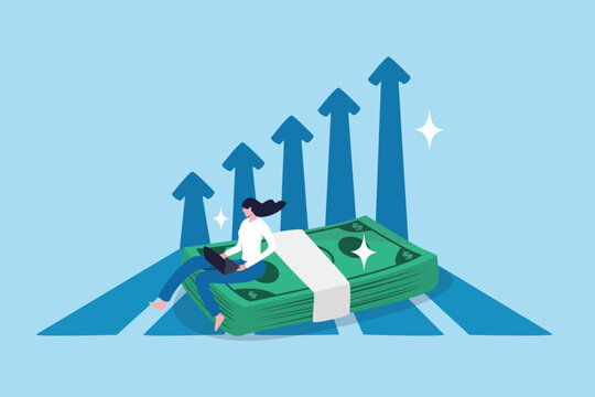 Increase income or salary raise, growing investment, wealth or saving profit, revenue rising, improvement or accumulate wealth concept, woman working with computer on banknote money growing graph.