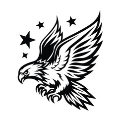 Soaring Eagle Silhouette with Stars, Talons Down, Wings Open, Black and White