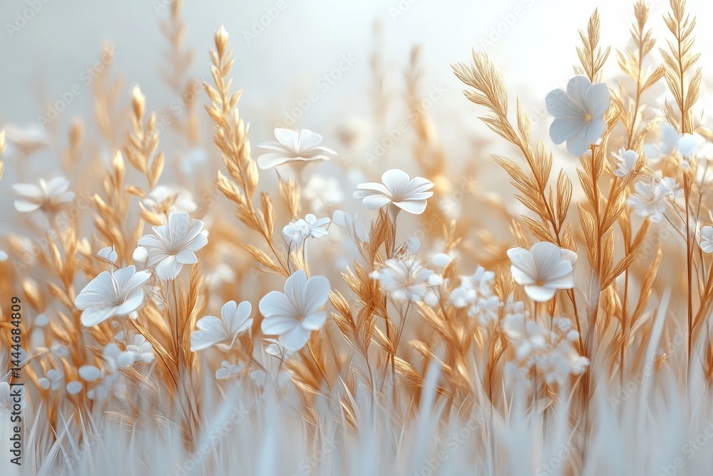 Poster delicate flowers and grasses in soft focus form vibrant clusters that create a serene and tranquil l