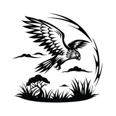 Black & White Eagle Flying Above Grass and Trees Silhouette, Curved Lines Design