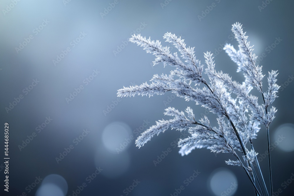 Poster at dawn, delicate grass tufts gently sway in soft light set against a hazy backdrop of muted colors