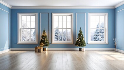 Obraz premium A room with a blue wall and a blue wall with the sun shining through windows 